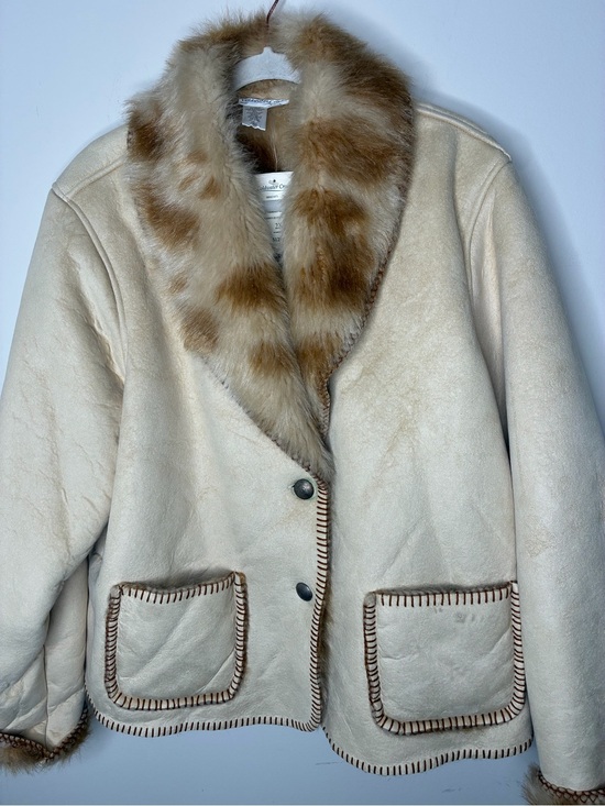 Coldwater Creek Jackets & Blazers - Coldwater Creek Boho, Gorpore, Cream Shearling Jacket with Brown Fur Trim 2X